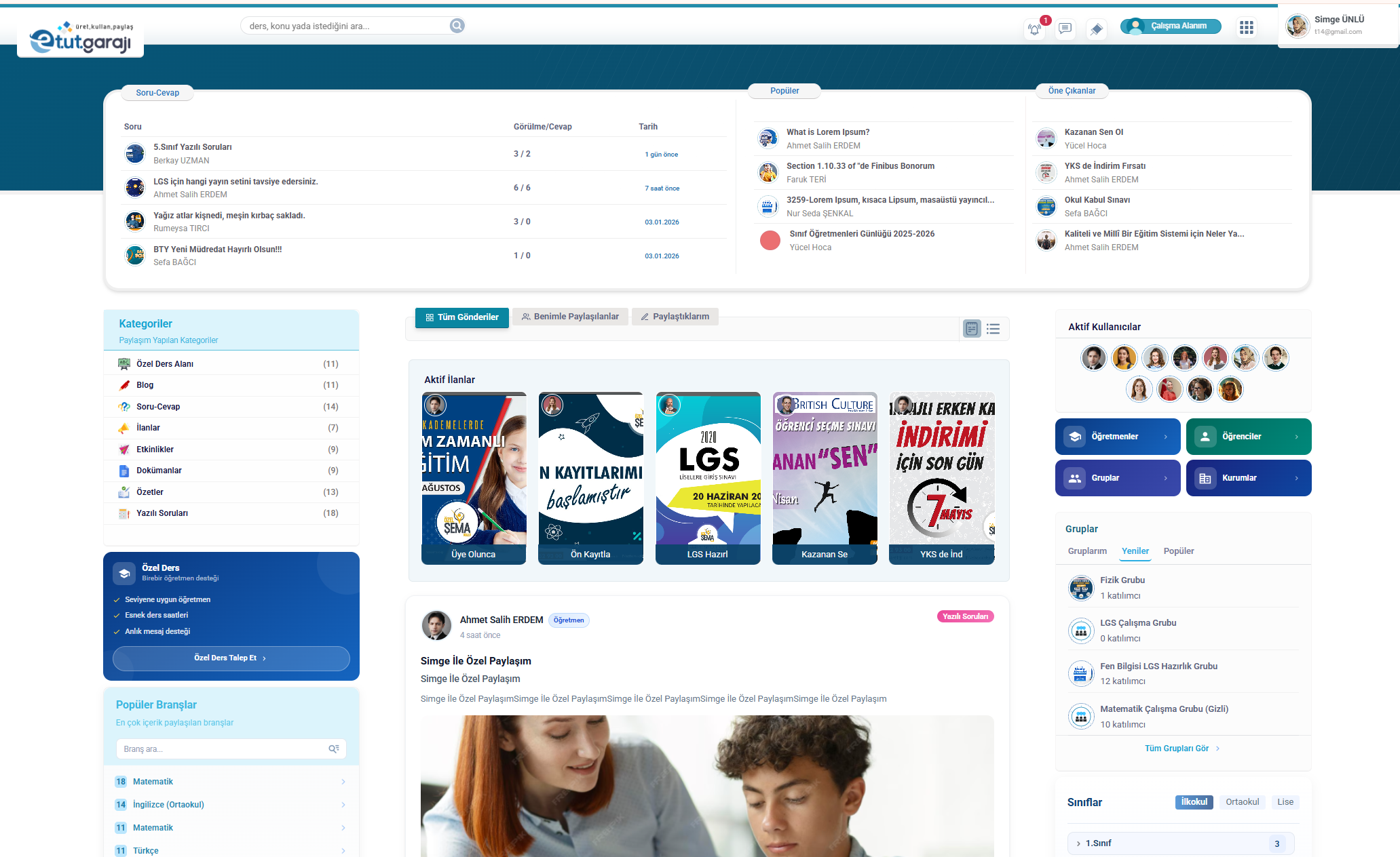 Etüt Garajı dijital eğitim platformu — öğretmen ve öğrenci içerik paylaşım ana ekranı